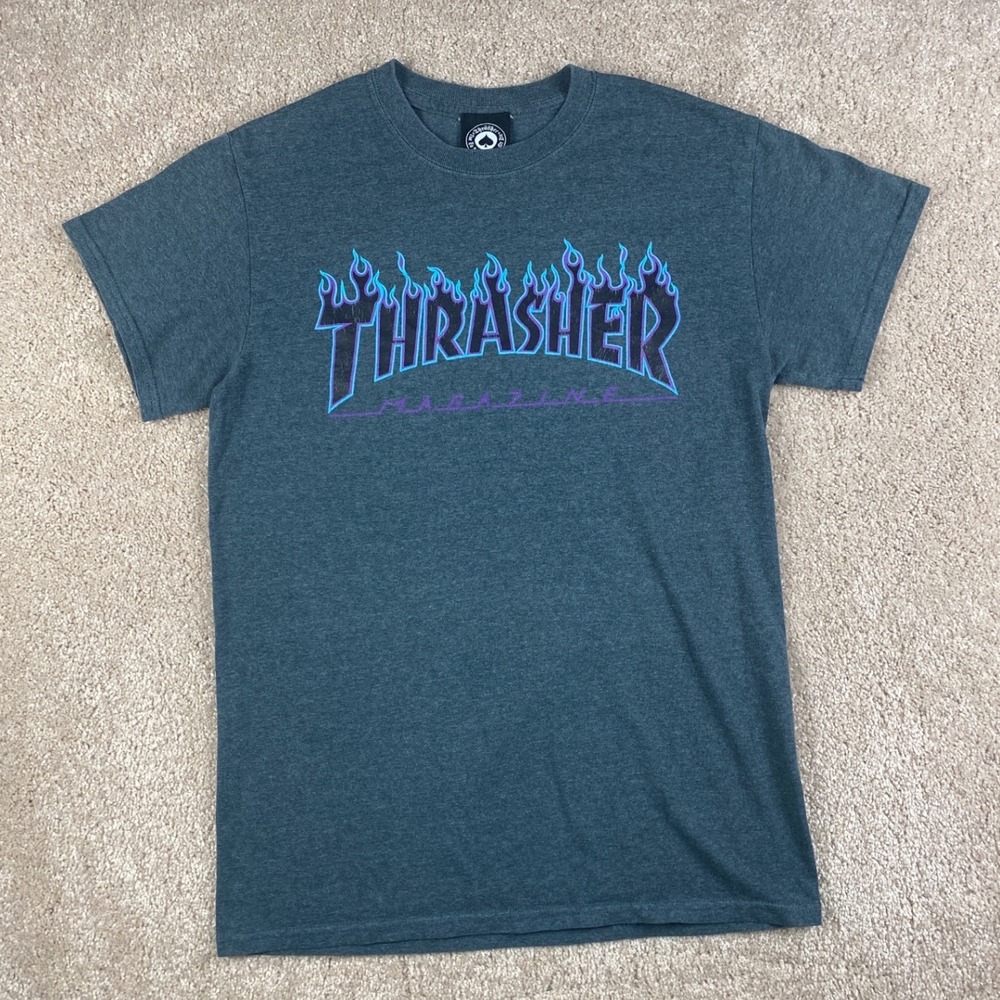 Thrasher Magazine Flame Logo Graphic T-Shirt Mens Small Grey Purple Blue Skate
